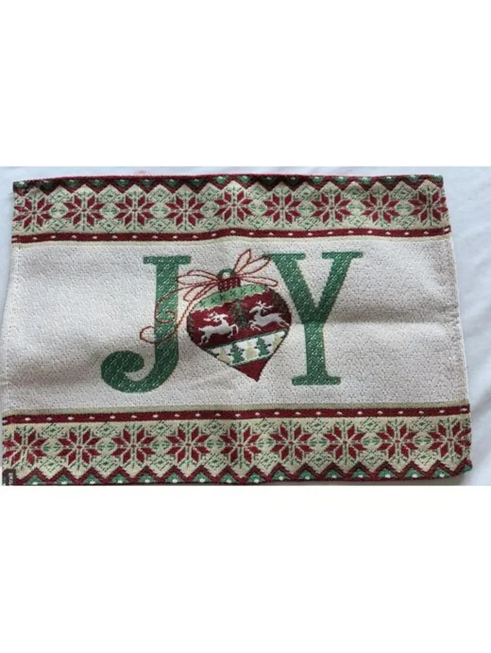 Christmas Woven Tapestry JOY Placemats Set of 2 Red Green Holiday Table Mats
